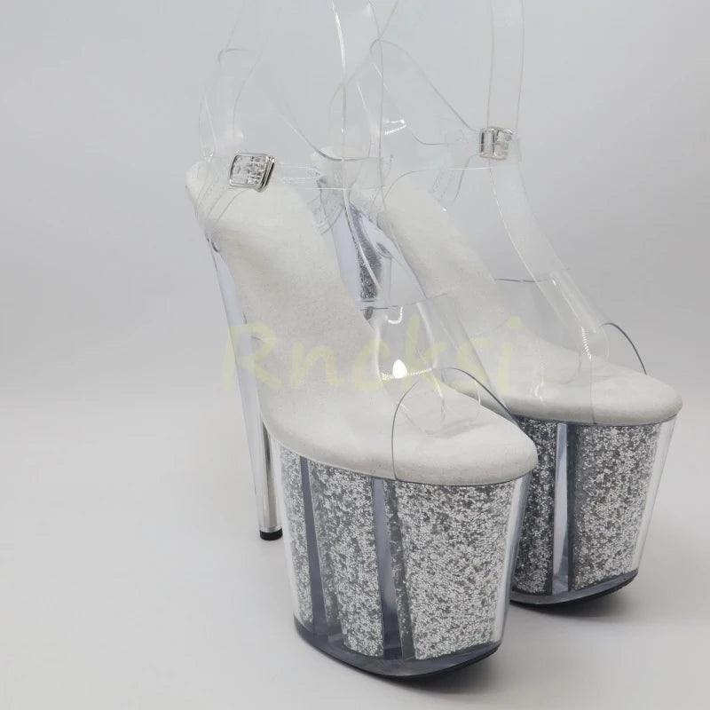 Rncksi 2025 Fashion Sexy Pole dancing Summer 20cm PVC Women Sandals Thin High Heels Sandals Slip-On Size 35-42