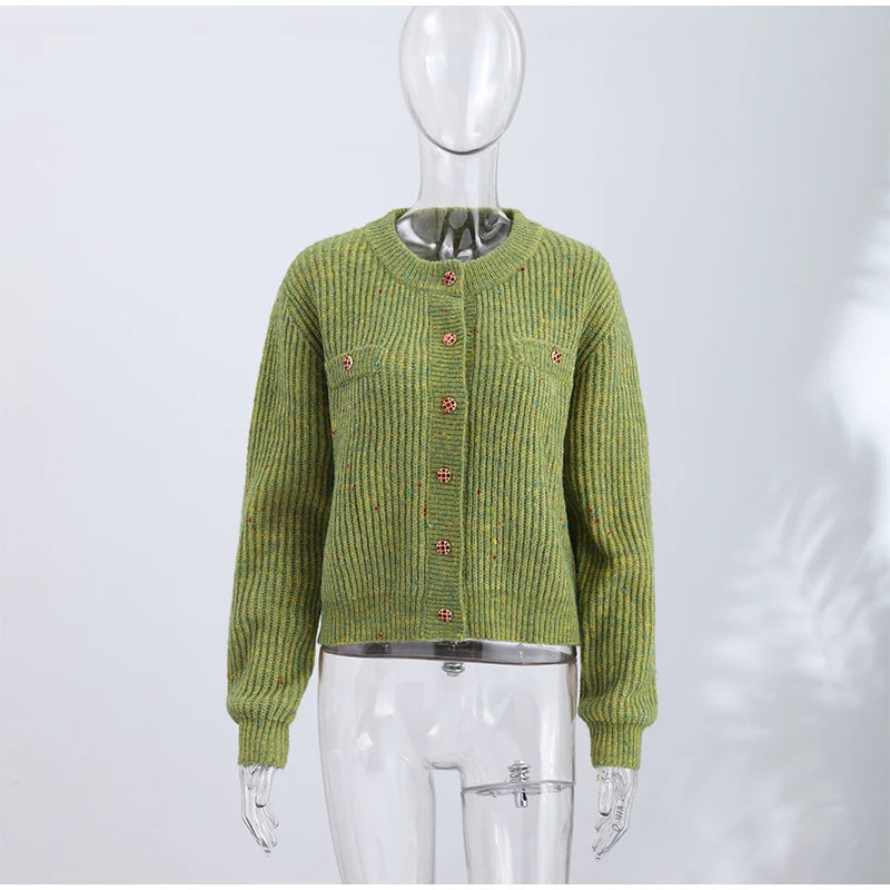 Chic Speckled Knit Cardigan Round Neck Shoulder Pads Long Sleeve Single Breasted Patch Pockets Daily Women Top 2026 Autumn Tops