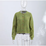 Chic Speckled Knit Cardigan Round Neck Shoulder Pads Long Sleeve Single Breasted Patch Pockets Daily Women Top 2026 Autumn Tops