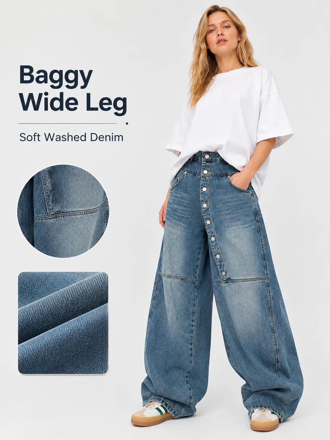 Women's Asymmetric Button Front Baggy Jeans, High Waist Vintage Washed Wide Leg Denim Pants Y2K Streetwear Loose Barrel Jeans for Daily Wear