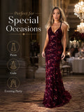 Sexy Sequin Floral Mermaid Evening Gown for Women Deep V Neck Spaghetti Strap Formal Prom Dress Floor Length Tulle Wedding Guest Party Ball Gown