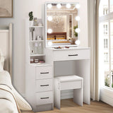 Modern White Dressing Table Stool Set with 3-Color Adjustable LED Light Mirror 4 Drawers For Bedroom Living Room Vanity Table