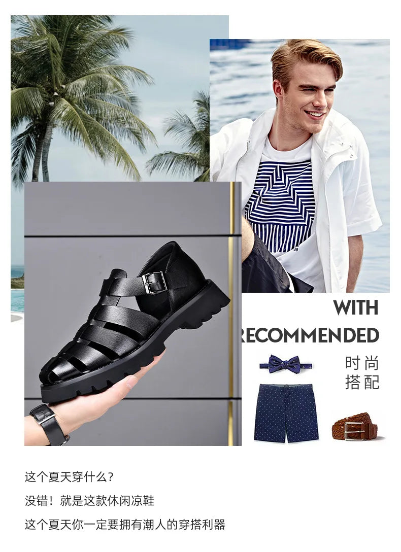 Summer Gladiator Sandals New Breathable Casual Men Genuine Leather Sandals Hollow Beach Shoes Men Black Sizes 38-48 Men sandals