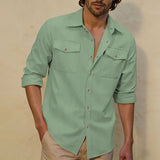 2026 New Men's Long Sleeve Casual Shirt Double Chest Pocket Button Up Soft Loose Linen Comfy Daily Work Street Outdoor Wear Tops