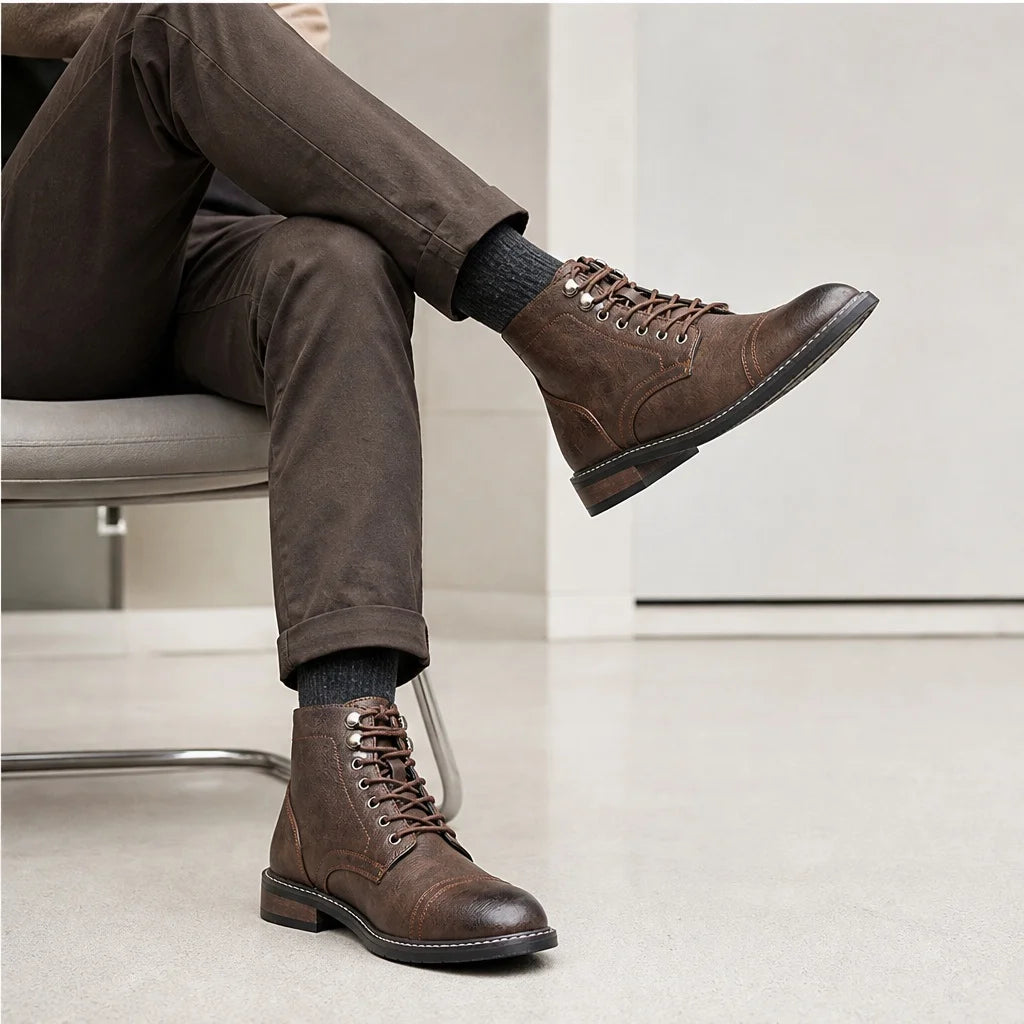 CAPTAIN ANKLE BOOTS Men's Vintage Combat Boots Lace-Up Cap Toe Ankle BOOTS