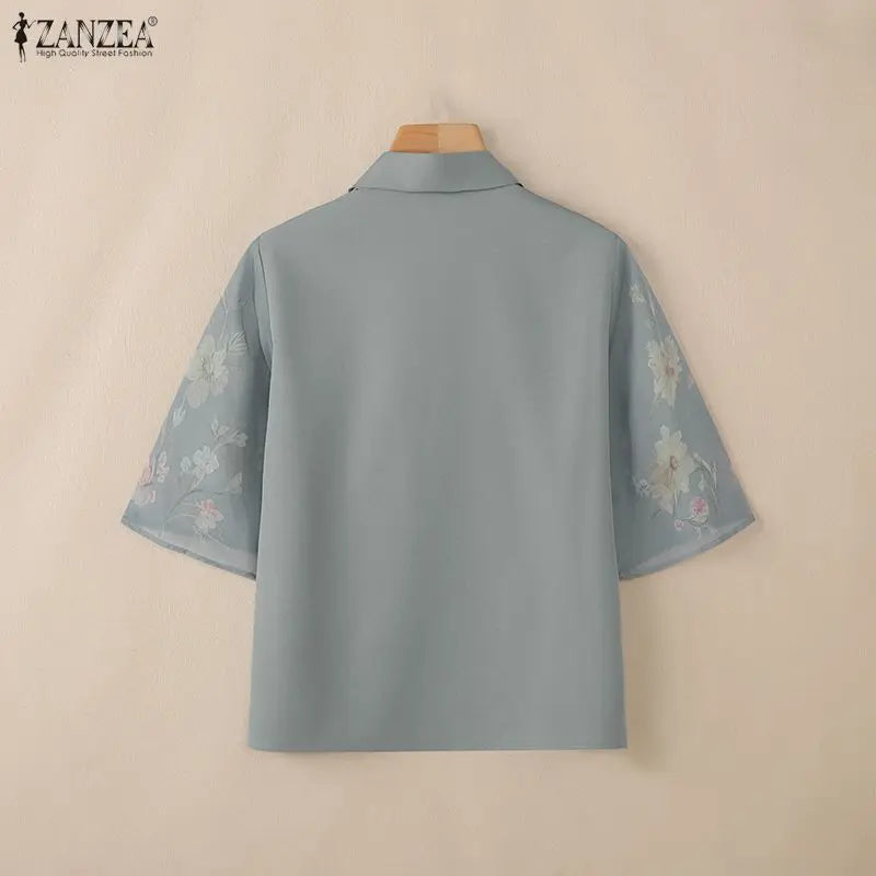 ZANZEA Summer 2026 Women's Elegant Blouses Turn-Down Collar Half-Zip Floral Print 3/4 Sleeves Patchwork Shirts Woman Clothes 3XL