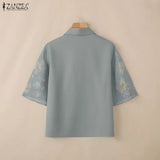 ZANZEA Summer 2026 Women's Elegant Blouses Turn-Down Collar Half-Zip Floral Print 3/4 Sleeves Patchwork Shirts Woman Clothes 3XL