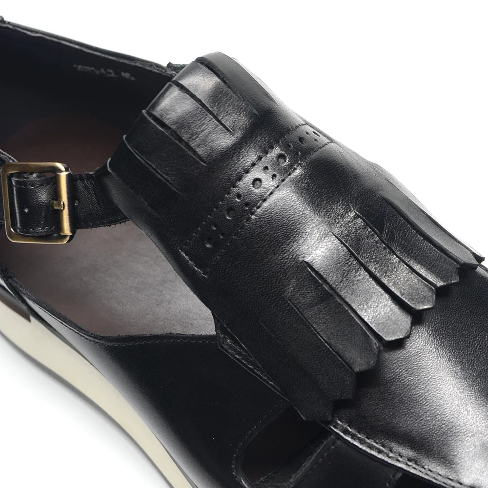 Classy Trending Mens Tassel Sandals Genuine Leather Buckle Strap Hollow Out Summer Casual Shoes for Men Comfortable Breathable