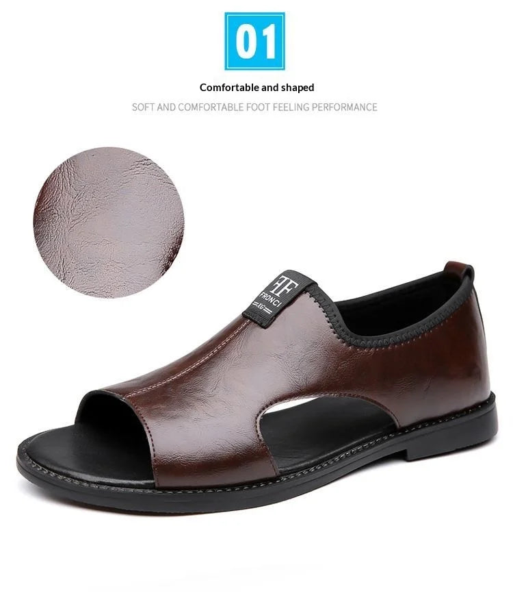 New Style Perforated, Breathable and Anti-Slip Outerwear Casual Leather Slip-On Sandals for Men Size 48 Large Size
