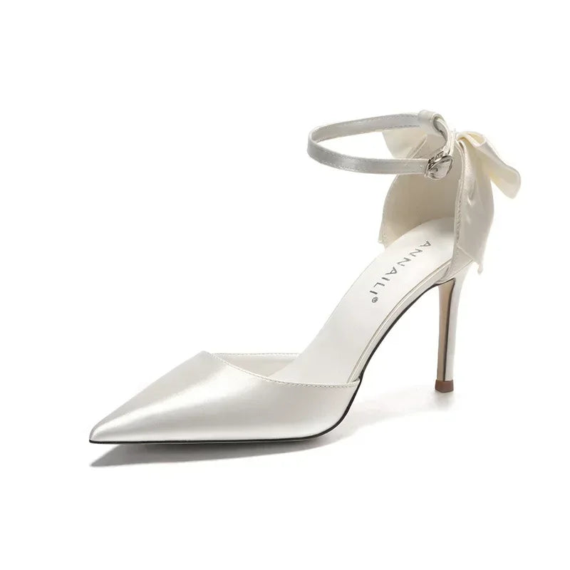 New One line Ribbon White Wedding Shoes Sweet Bow Bridal Shoes Large Heels