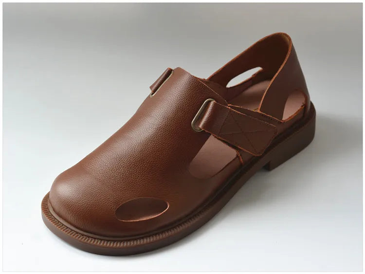Summer Men's Shoes Flat Full Real Leather Sandal Cowhide Black Casual Old-fashioned Retro Outdoor Men's Sandals Old Man
