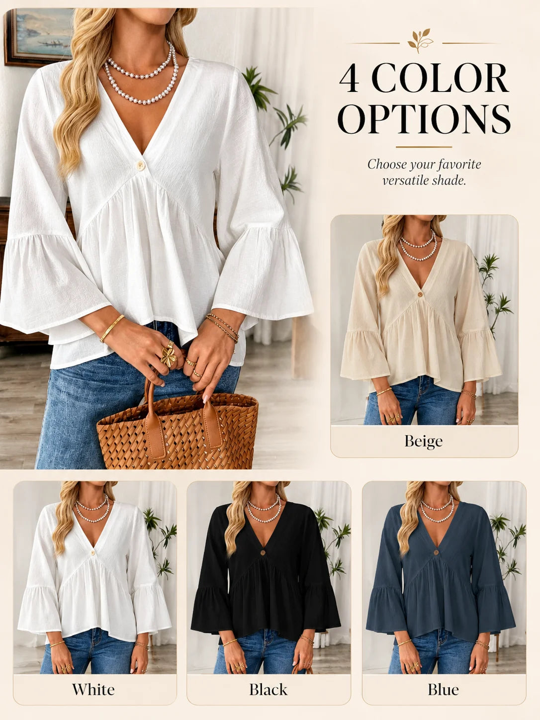 V Neck Bell Sleeve Blouses for Women Loose Fit Babydoll Tunic Tops Single Button Pleated Flowy Shirts Casual Daily Office Going‑Out Tunic