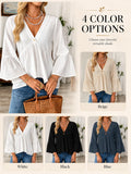 V Neck Bell Sleeve Blouses for Women Loose Fit Babydoll Tunic Tops Single Button Pleated Flowy Shirts Casual Daily Office Going‑Out Tunic