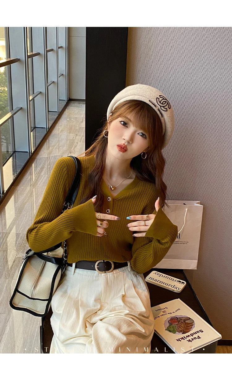 2026 Casual Slim Button Knitted Pullover Autumn Winter Women Sweaters Sweater Femme Basic Solid Jersey Tops Fashion Clothes