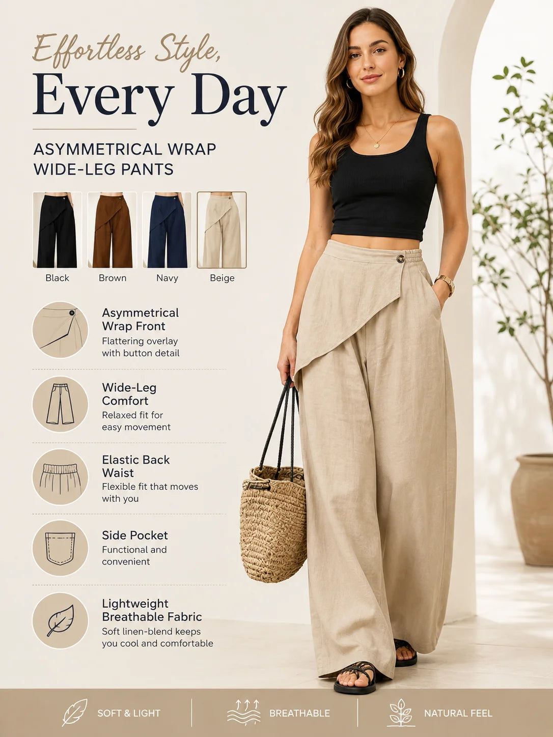 Women Wrap Front Linen Wide Leg Pants, High Waist Elastic Back Waist Culottes with Pockets, Casual Loose Fit Trousers for Summer Beach Daily Streetwear