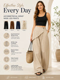 Women Wrap Front Linen Wide Leg Pants, High Waist Elastic Back Waist Culottes with Pockets, Casual Loose Fit Trousers for Summer Beach Daily Streetwear