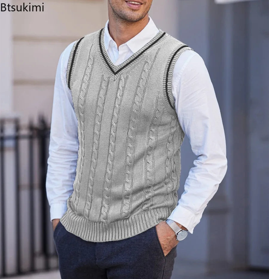 New Men's Knit V-Neck Sweater Vest Contrast Color Stripe Design Sleeveless Knitted Pullover Sweaters Men Smart Casual Waistcoats
