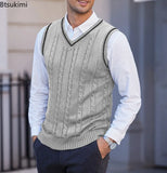New Men's Knit V-Neck Sweater Vest Contrast Color Stripe Design Sleeveless Knitted Pullover Sweaters Men Smart Casual Waistcoats