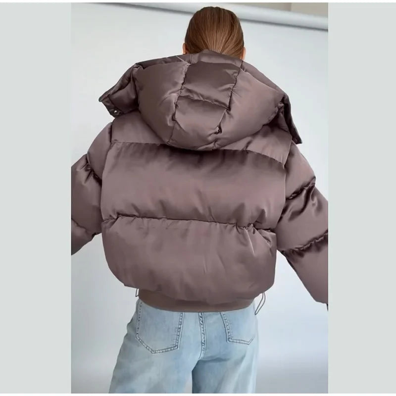 Winter Hooded Jacket Short Top Cropped Drawstring Waist Coat Woman Long Sleeve Warm Quilted Out Jackets Streetwear Lady Clothes