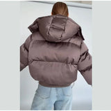 Winter Hooded Jacket Short Top Cropped Drawstring Waist Coat Woman Long Sleeve Warm Quilted Out Jackets Streetwear Lady Clothes