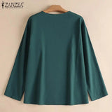 Vintage Women Blouse Autumn Long Sleeve Shirt Female V Neck Work Holiday Blusas ZANZEA Casual Solid Loose Shirt Cotton Chemise