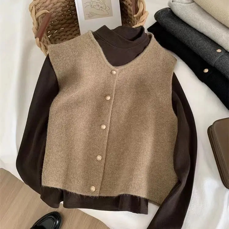 Crew Neck Women's Korean Solid Button Short Sleeve Cardigan Coats Sweater Knitted Sleeveless Ladies Elegant Tanks Bottoming