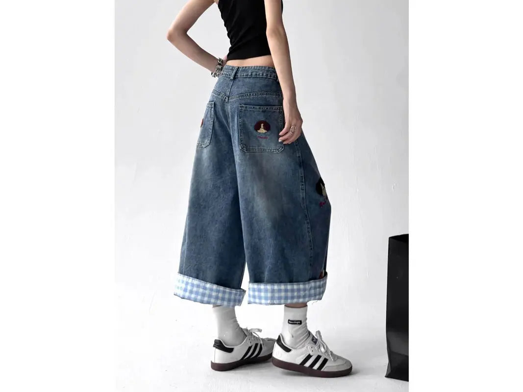 Summer Women Japanese Jorts Kawaii Embroidery Jean Shorts  Cute Core Denim Capri Pants Harajuku Wide Fit Jeans