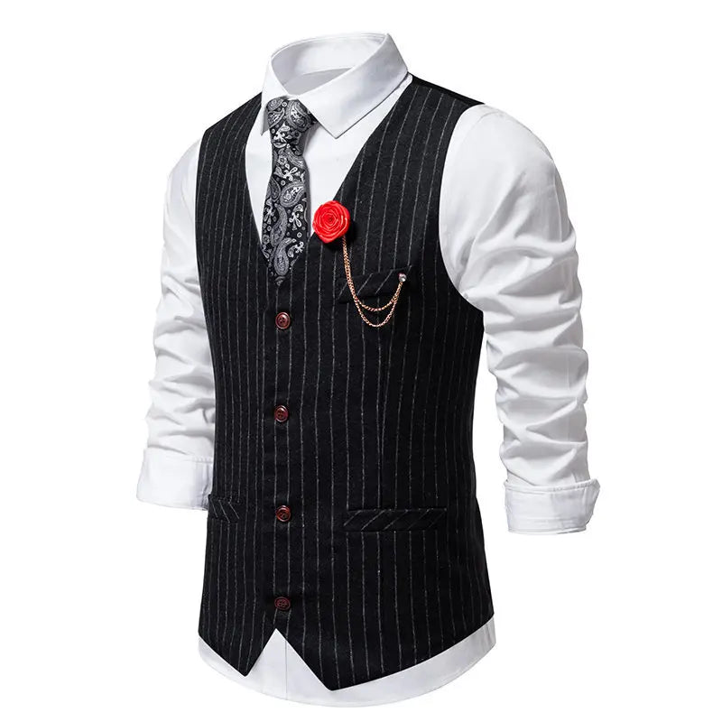 KIDWHXR Men Suit Vest Vintage Striped Single-breasted Man Waistcoats Business Casual Slim Sleeveless Male Party Dress Vests