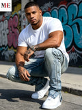 HME Men's Flared Denim Pants, Light Blue Vintage Jeans with Rips & Zipper Hem for Casual Style