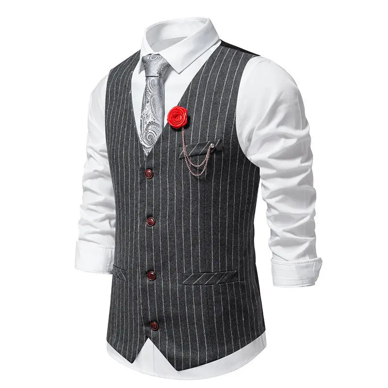 KIDWHXR Men Suit Vest Vintage Striped Single-breasted Man Waistcoats Business Casual Slim Sleeveless Male Party Dress Vests