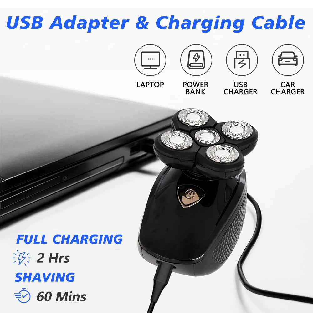 5D Floating Head Shaver for Bald Men, 5 in 1 Multifunctional Electric Shaver IPX7 Washable USB Recharge Beard Nose Trimmer Grooming Set with LED Digital Display