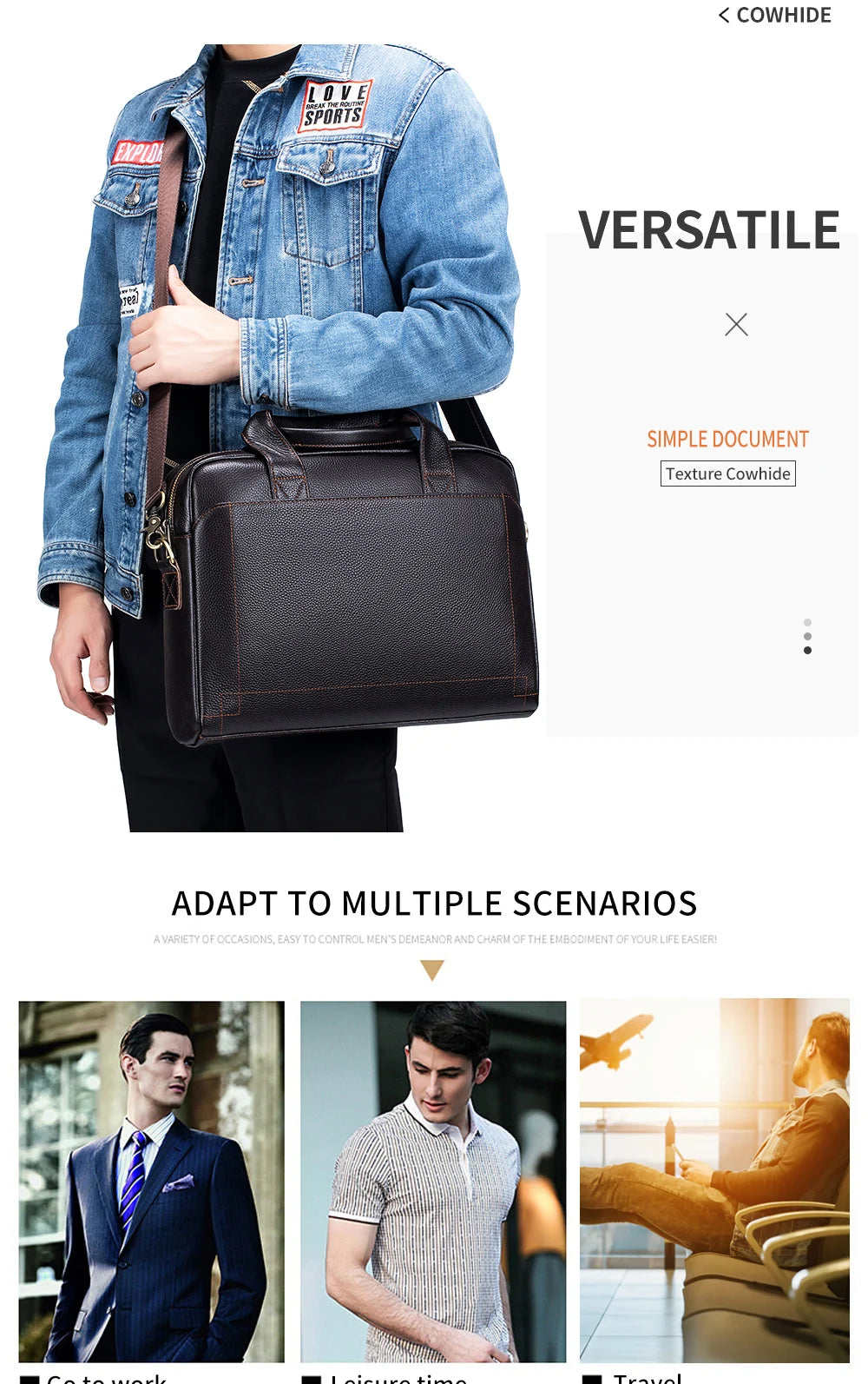 Men's leather handbag, top layer cowhide briefcase, leather laptop bag, diagonal cross office bag
