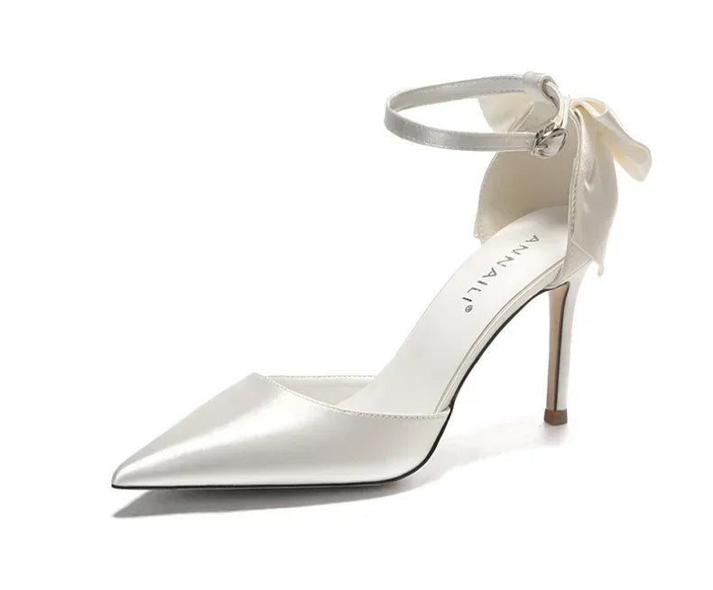 New One line Ribbon White Wedding Shoes Sweet Bow Bridal Shoes Large Heels