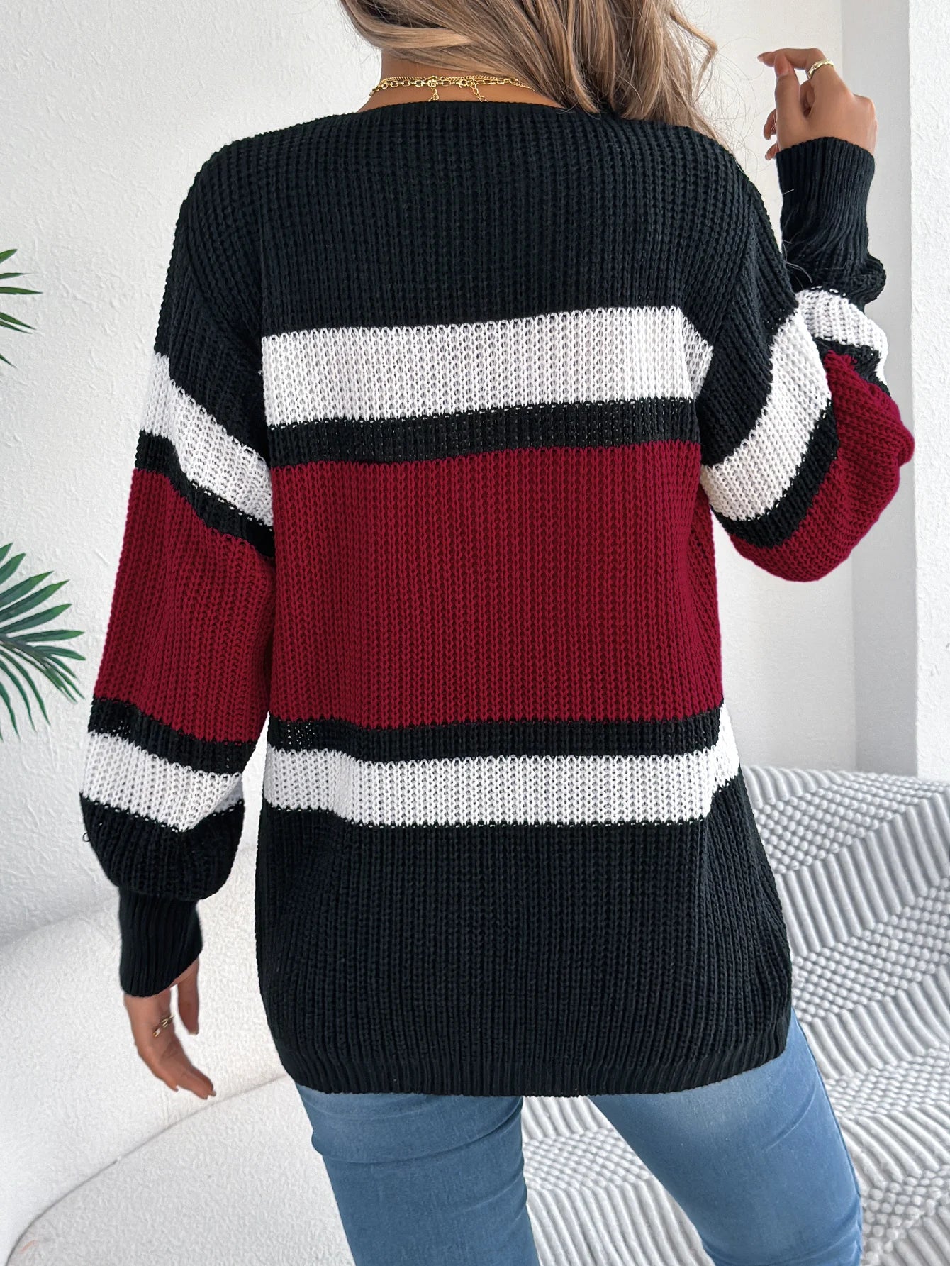 Women's Color Block Striped Cardigan Sweaters 2026 Autumn Winter Casual Lantern Long Sleeve Knitted Coats Fashion Woman Outwear