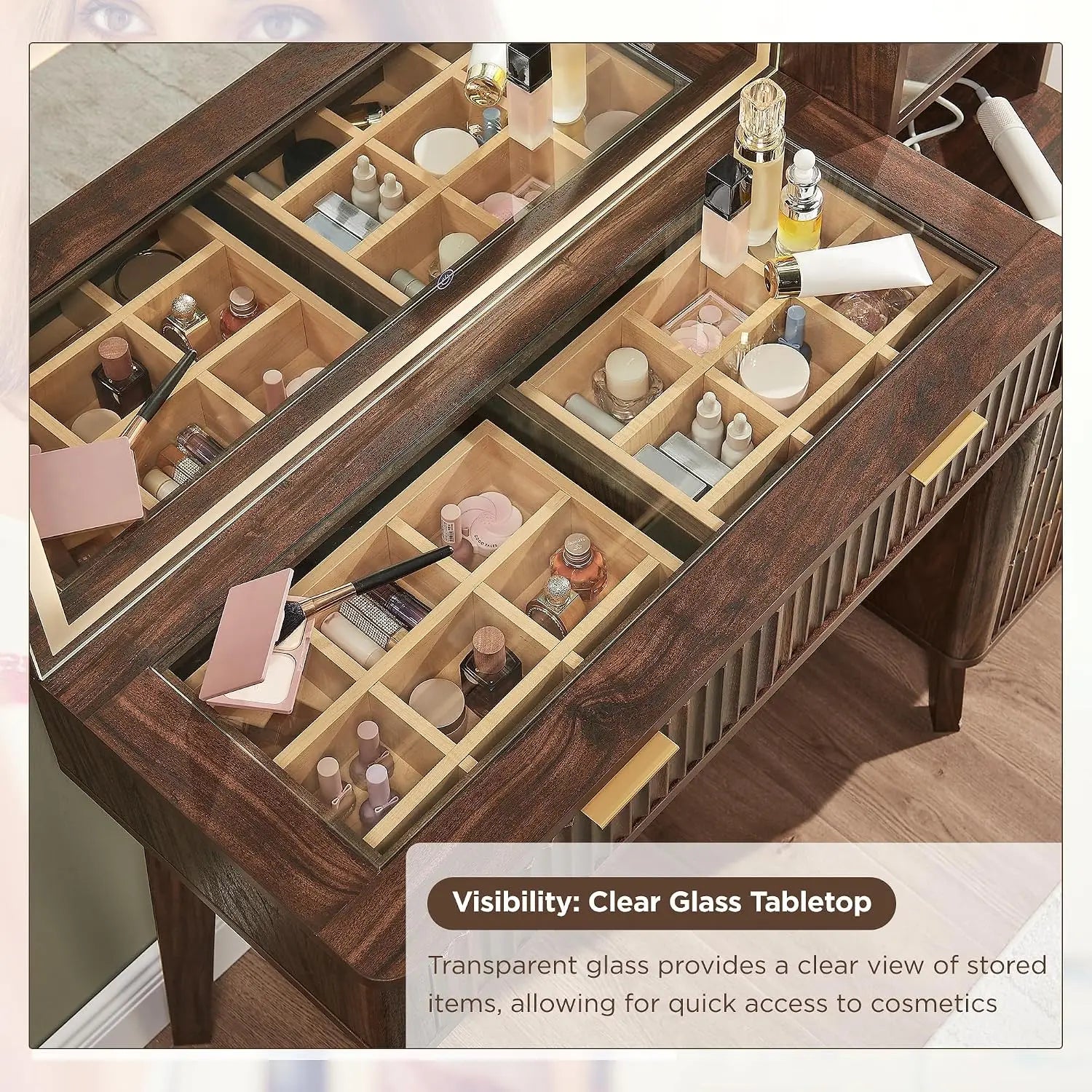 Fluted 48 Inch Makeup Vanity Desk 36 Inch Lighted Mirror Dark Walnut Smart LED Visible Glass Top 5 Drawers Adjustable Storage Sh