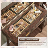 Fluted 48 Inch Makeup Vanity Desk 36 Inch Lighted Mirror Dark Walnut Smart LED Visible Glass Top 5 Drawers Adjustable Storage Sh
