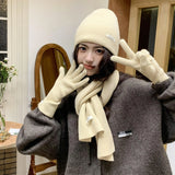 Solid Color Touch Screen Gloves Women Korean Autumn Winter Warm Knitted Three-piece Set Scarves Gloves Hat Women's Glove Sets