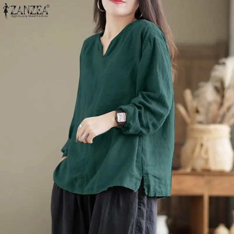 Vintage Women Blouse Autumn Long Sleeve Shirt Female V Neck Work Holiday Blusas ZANZEA Casual Solid Loose Shirt Cotton Chemise
