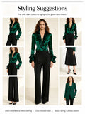 Elegant Satin Blouse for Women Lapel Ruffle Trim V‑Neck Long Flare Sleeve Office Work Shirt