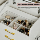 3-in-1 Vanity Desk with LED Mirror & Power Outlet 23.6" Flip-Up Dressing Table with Charging Station 3 Drawers Glass Top for Bedroom