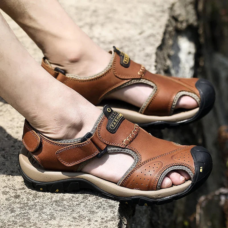 Summer Sandals Leather Outdoor Men's Beach Shoes Luxury Breathable Casual Sandal Man Wading Shoes Non-slip Wide lining Slippers