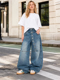 Women's Asymmetric Button Front Baggy Jeans, High Waist Vintage Washed Wide Leg Denim Pants Y2K Streetwear Loose Barrel Jeans for Daily Wear