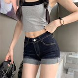 Retro Roll Up Hem Washed Denim Shorts Women Streetwear High Waist Slimming Hot Pants Korean Fashion Deep Blue Hip Wrapping Jeans