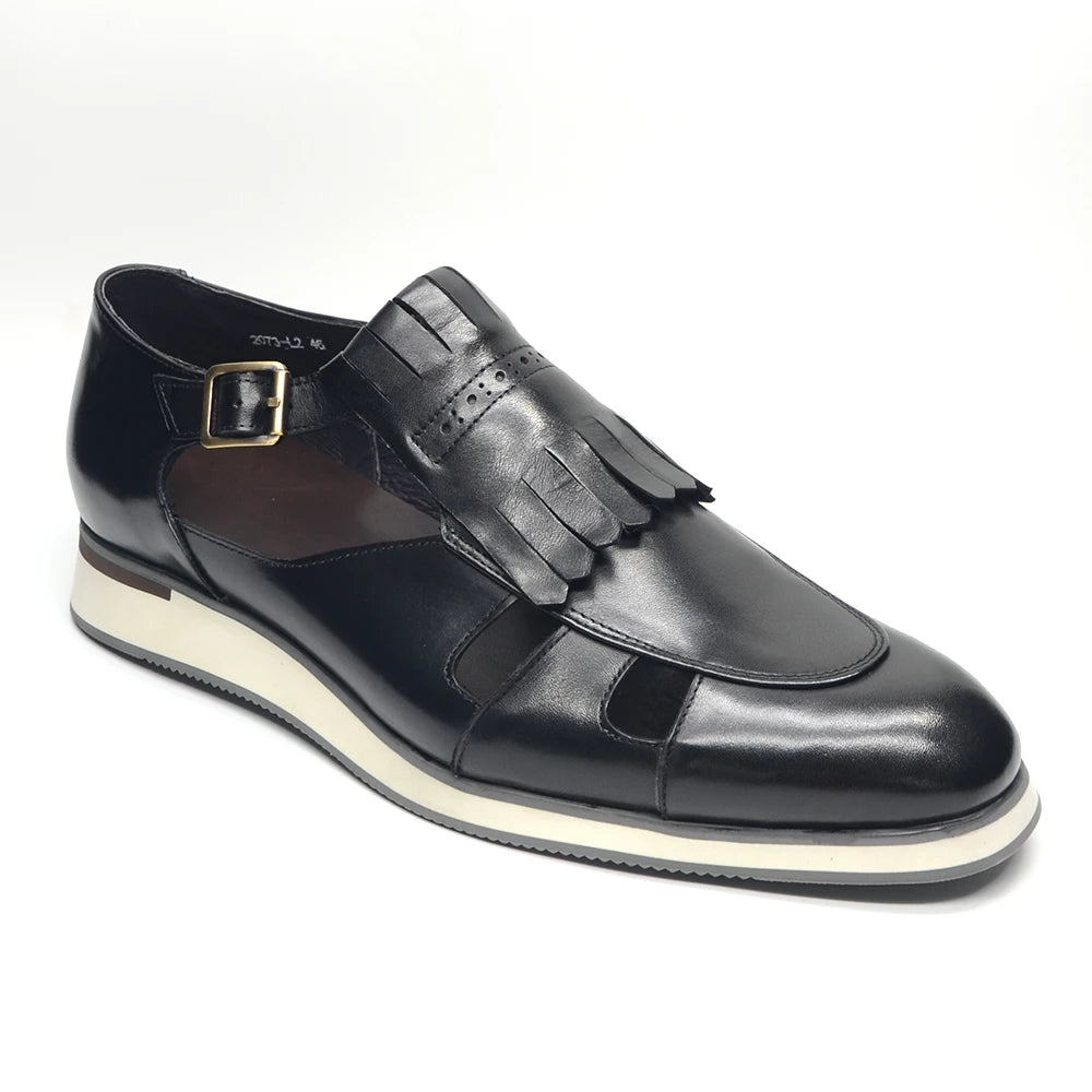 Classy Trending Mens Tassel Sandals Genuine Leather Buckle Strap Hollow Out Summer Casual Shoes for Men Comfortable Breathable