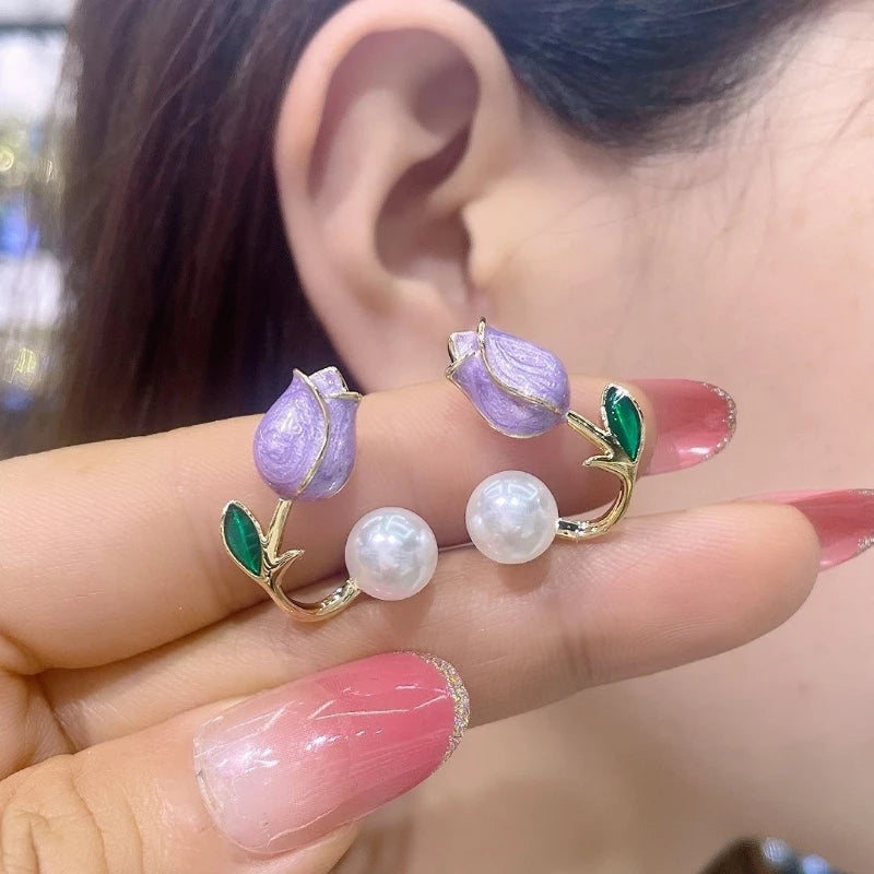 new pattern red tulip flower earrings for women jewelry 2024 trending luxury back hanging Purple women's stud earrings new