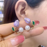 new pattern red tulip flower earrings for women jewelry 2024 trending luxury back hanging Purple women's stud earrings new