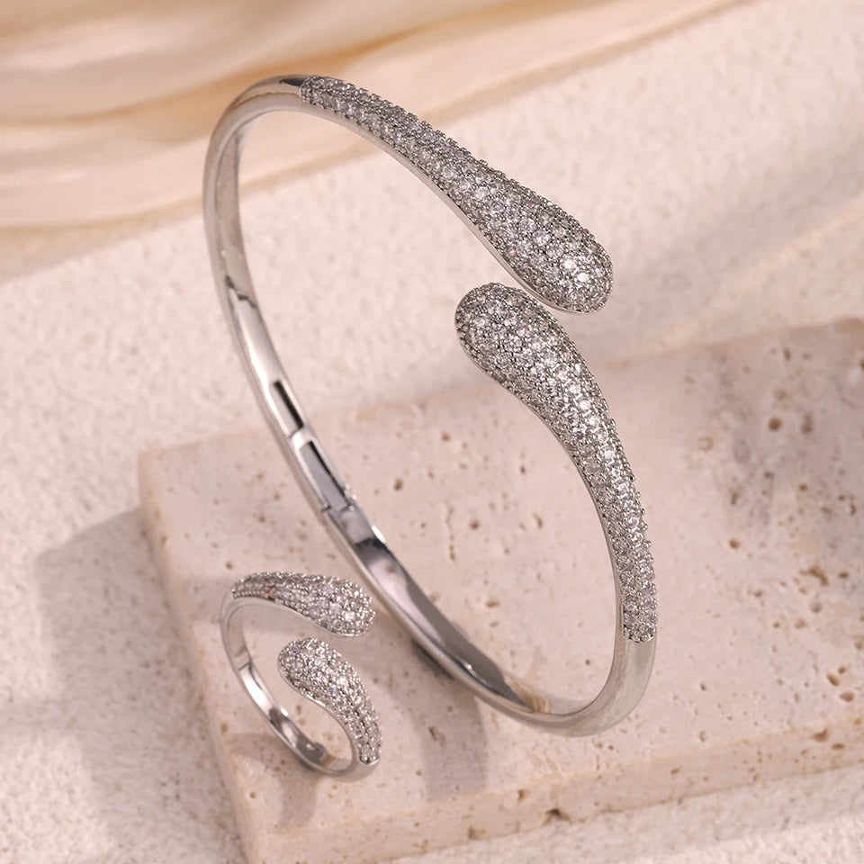 ZAKOL Elegant Brilliant Micropaved Zirconia Water Drop Bracelet Ring Set Luxury Engagement Wedding Party Jewelry for Women