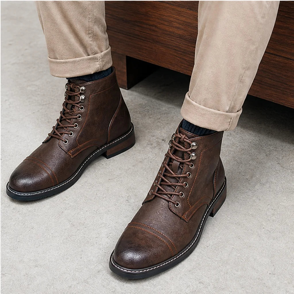 CAPTAIN ANKLE BOOTS Men's Vintage Combat Boots Lace-Up Cap Toe Ankle BOOTS