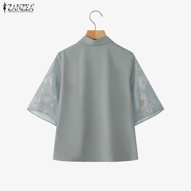 ZANZEA Summer 2026 Women's Elegant Blouses Turn-Down Collar Half-Zip Floral Print 3/4 Sleeves Patchwork Shirts Woman Clothes 3XL