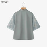 ZANZEA Summer 2026 Women's Elegant Blouses Turn-Down Collar Half-Zip Floral Print 3/4 Sleeves Patchwork Shirts Woman Clothes 3XL